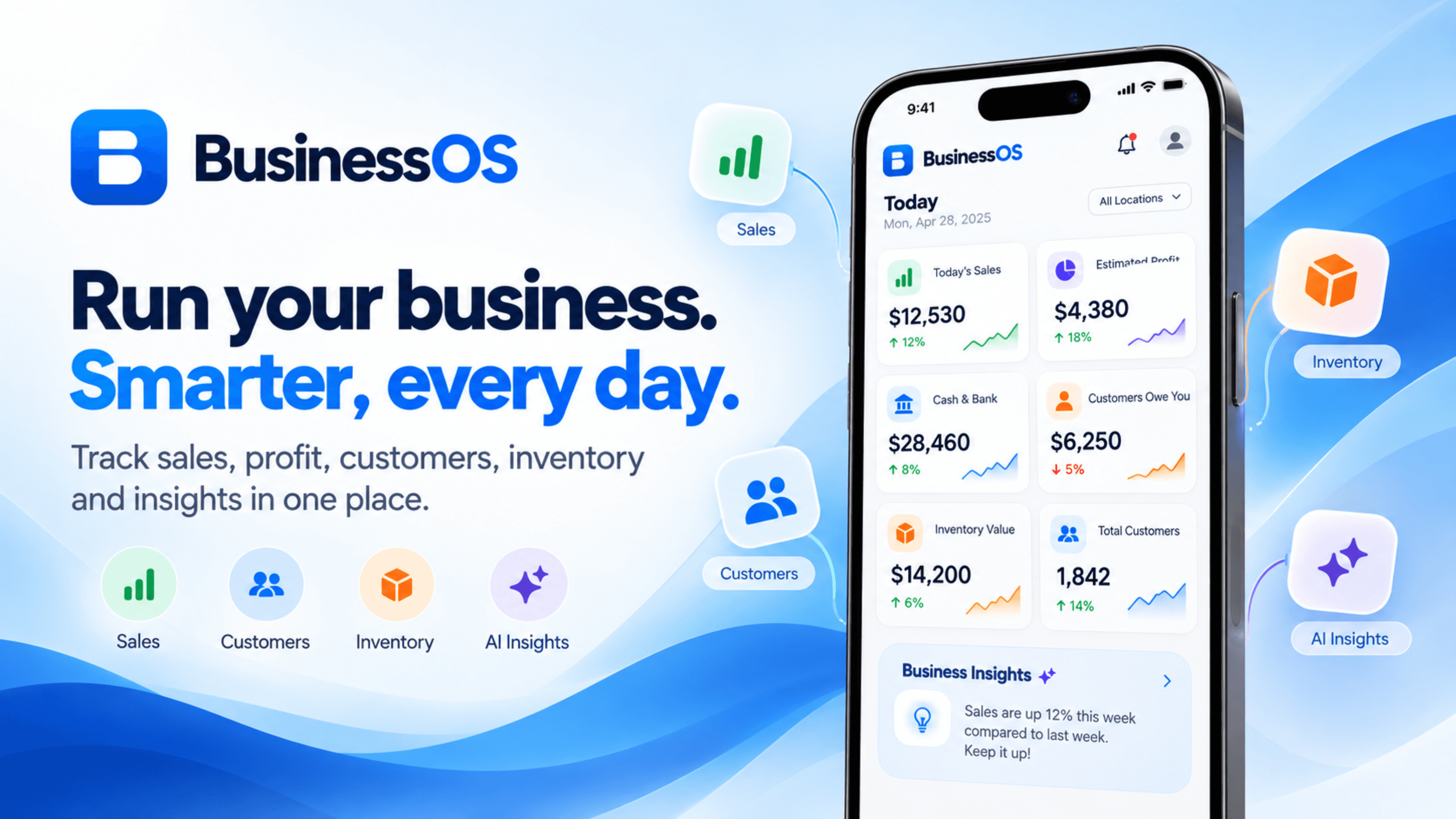 BusinessOS app dashboard showing today's sales, profit, and business insights