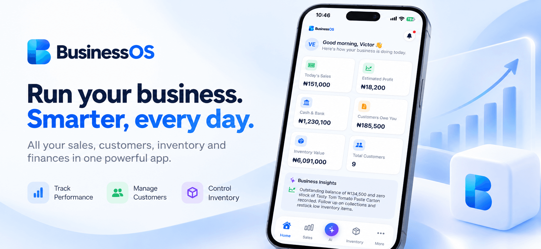 BusinessOS app showing a smarter way to run your business every day