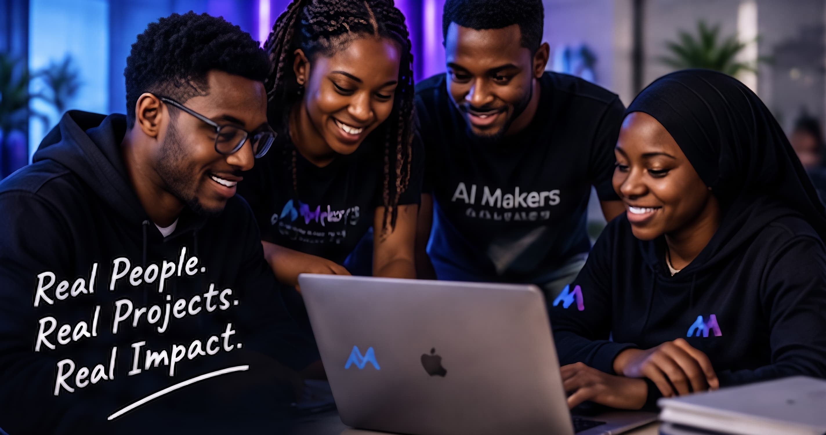 AI Makers Academy community collaborating on a laptop