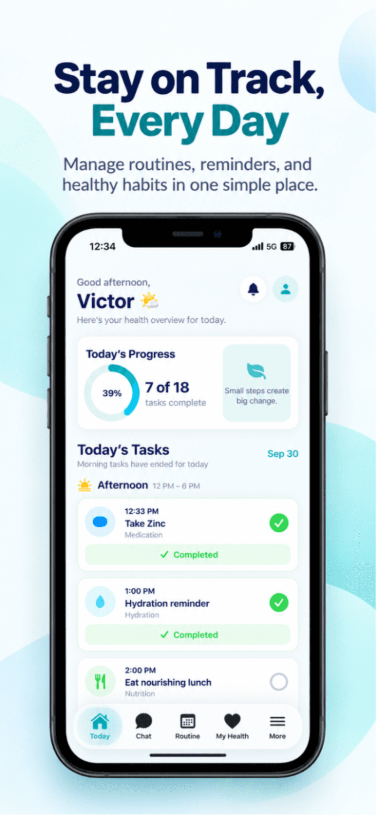 Medi app Today screen showing daily health progress and reminders